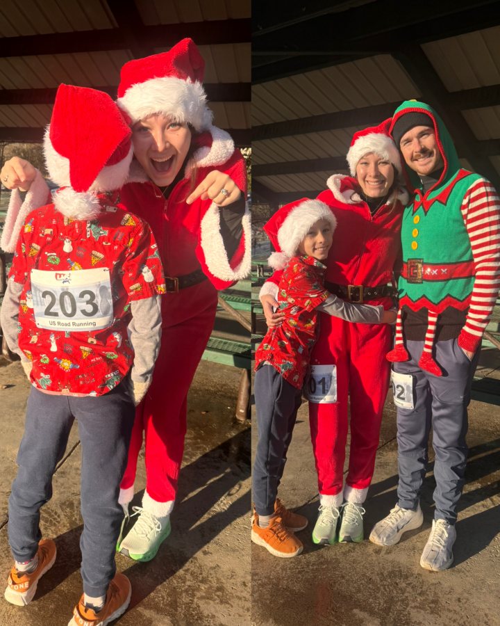 US Road Running race day photo with runners, walkers, finisher medals, and race staff