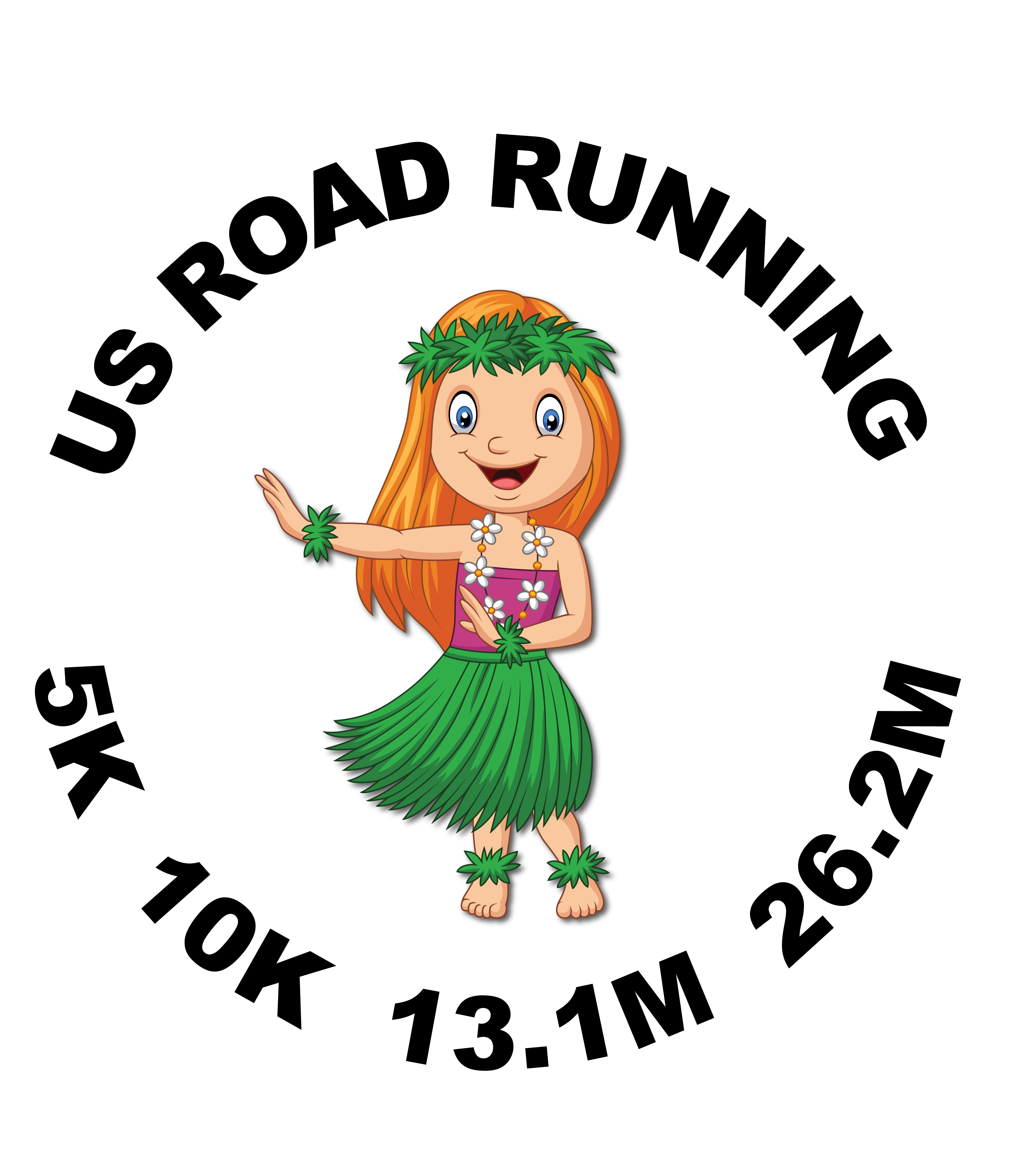 May Luau US Road Running race theme logo for 5K, 10K, Half Marathon, and Marathon races